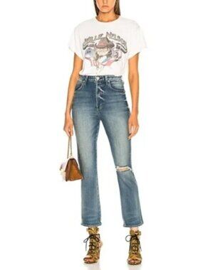 AMO Jeans Womens 28 Blue Chloe Crop Girl Crush Distressed Button Fly High Rise